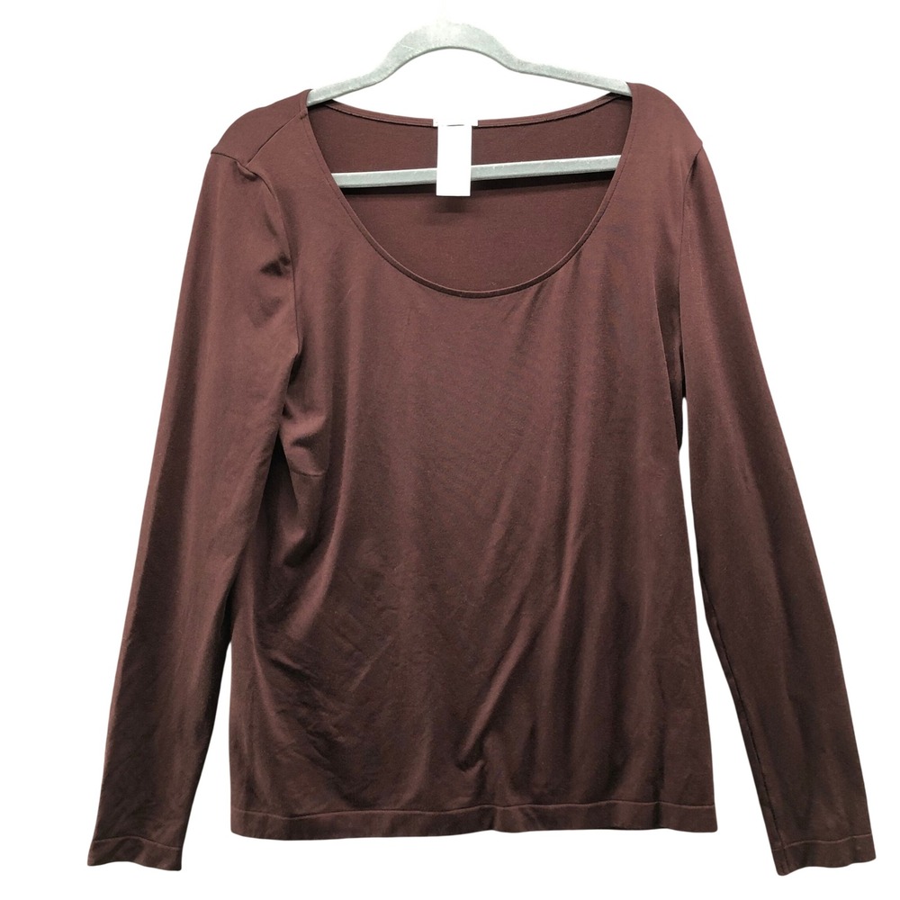 Wolford Aurora Pure Long Sleeve T-Shirt Womens XL Brown Scoop Neck Top